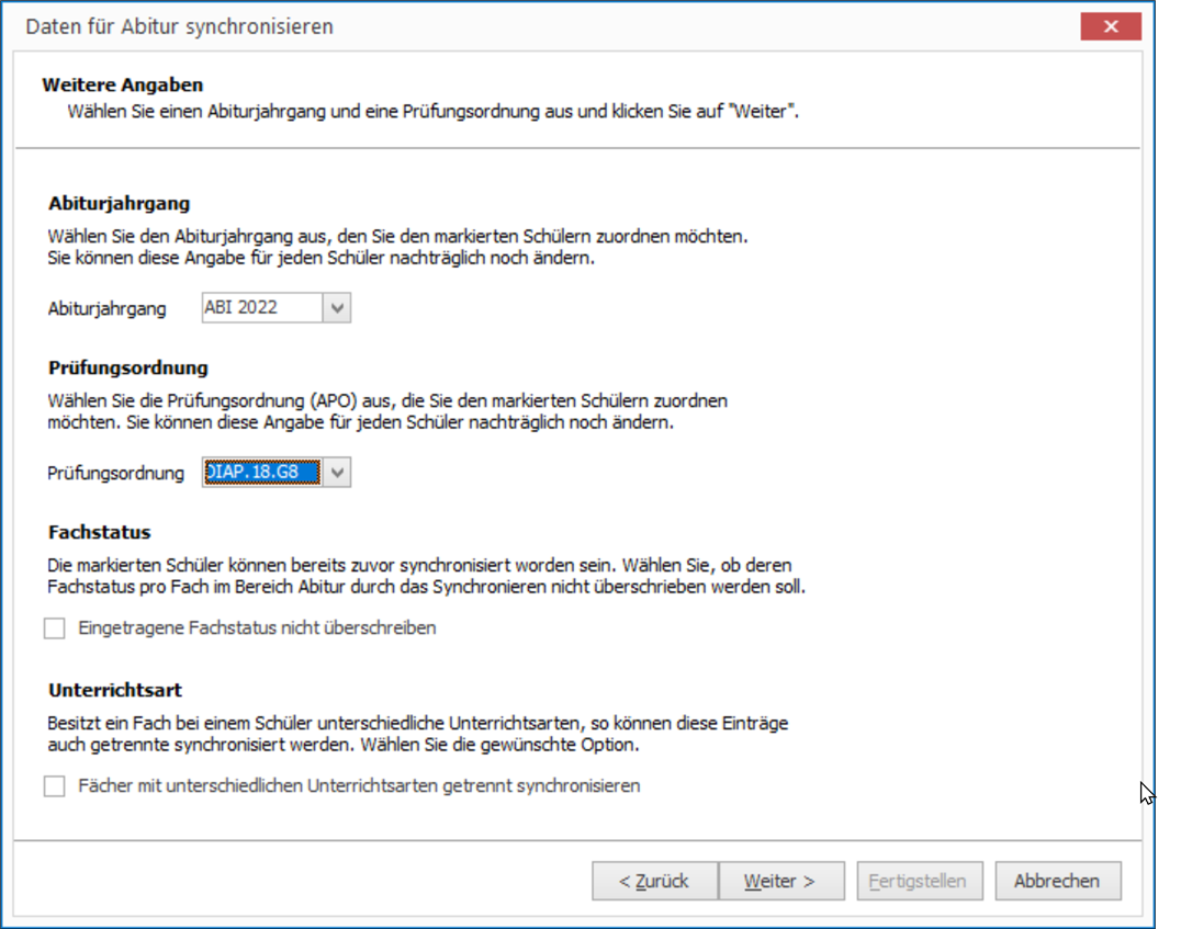 Optionen beim Synchronisieren setzen