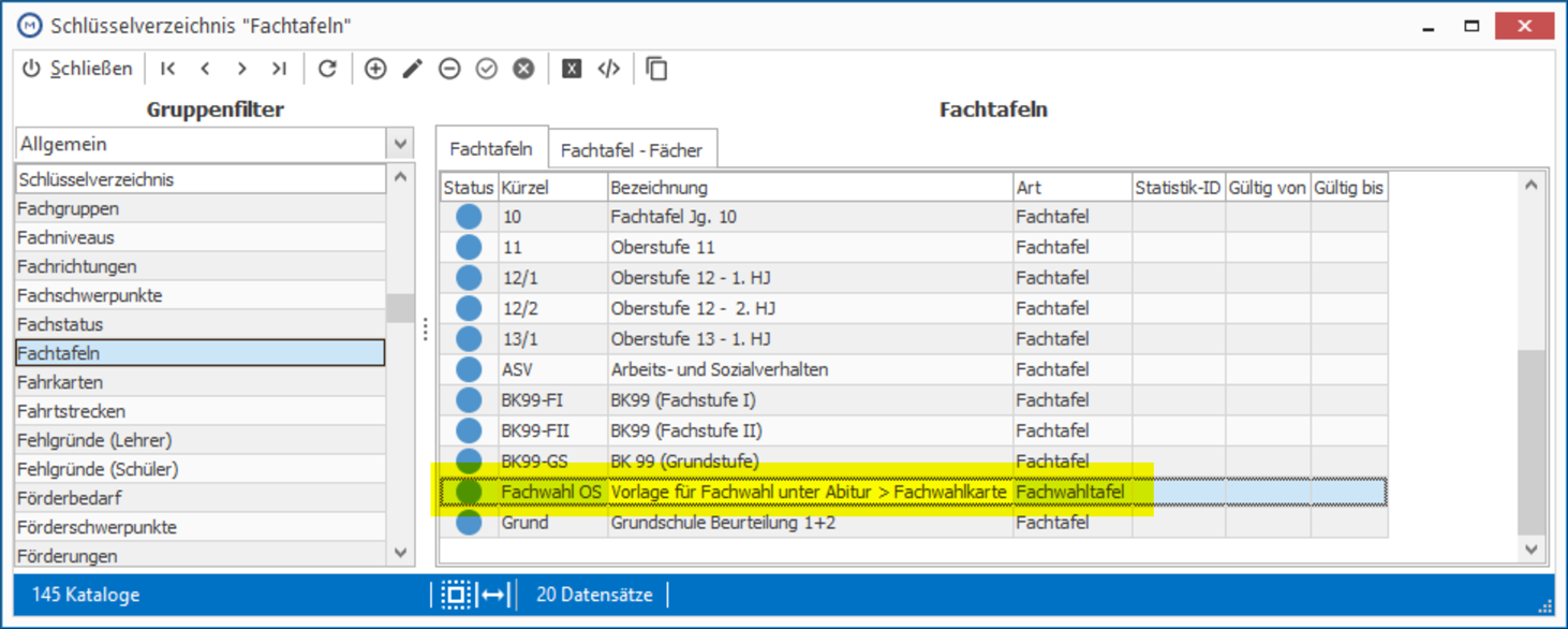 Eine Fachtafel anlegen, die Art auf 